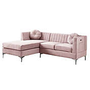 Contemporary Home Living 85.5" Chloe Pink Velvet Sectional Sofa Chaise with USB Charging Port