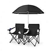 Costway Portable Folding Picnic Double Chair With Umbrella-Black