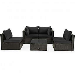 Costway 5 Pieces Cushioned Patio Rattan Furniture Set with Glass Table-Black
