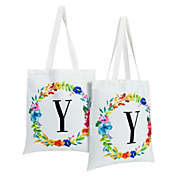 Okuna Outpost Set of 2 Reusable Monogram Letter Y Personalized Canvas Tote Bags for Women, Floral Design (29 Inches)