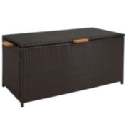 Sunnydaze Indoor/Outdoor Resin Wicker  Storage Box with Acacia Wood Handles - Brown