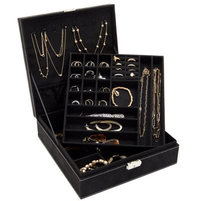 Key Lock Glass Top Black Wooden Jewelry Display Organize Travel Case Box USA 