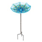 Evergreen Peacock Glass Bird Bath with Metal Stake