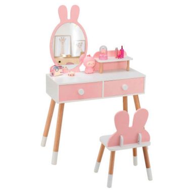 Hivago Kids Vanity Table and Chair Set with Drawer Shelf and Rabbit Mirror. View a larger version of this product image.