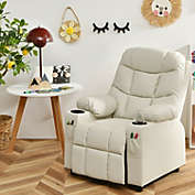 Slickblue PU Leather Kids Recliner Chair with Cup Holders and Side Pockets-Beige