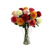 Nearly Natural Assorted Blooming Roses with Vase, Assorted