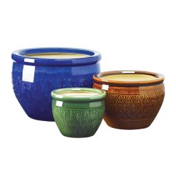 Zingz & Thingz Set of 3 Blue and Brown Jewel Tone Outdoor Patio Garden Flower Pot Trio 12\