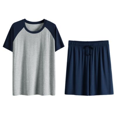 Lars Amadeus Men&#39;s Summer Raglan Short Sleeve Shirt And Shorts Pajama Set 2XL Navy Blue