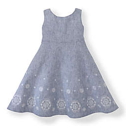 Hope & Henry Girls' Fit and Flare Dress with Embroidered Hem (Blue with White Embroidery, 3)
