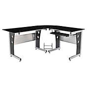 HOMCOM L-Shaped Corner Computer Desk Gaming Table Home Office Workstation Glass Top P2 MDF with Keyboard Tray - Black
