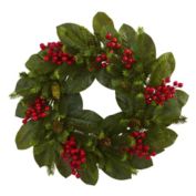Nearly Natural Magnolia Leaf, Berry, and Pine Artificial Christmas Wreath, 24-Inch, Unlit
