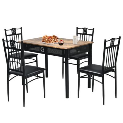 Costway-CA 5 Pcs Dining Set Wood Metal Table and 4 Chairs with Cushions-Black