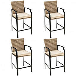 Costway Patio Rattan Bar Stools Set of 4 with Soft Cushions