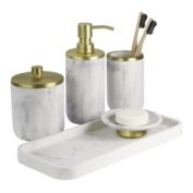 L'MKI Lyme Regis 5-Piece Bathroom Accessory Set With Soap Pump, Toothbrush Holder, Vanity Tray, Soap Dish And Storage Jar In Marble Gold