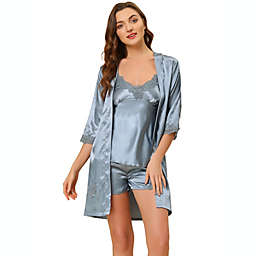 Allegra K Women's 4pcs Silk Satin Pajama Set Cami Top Sexy Nightgown Lace Robe Sets Light Blue L