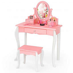 Costway Kids Vanity Princess Makeup Dressing Table Stool Set with Mirror and Drawer-Pink