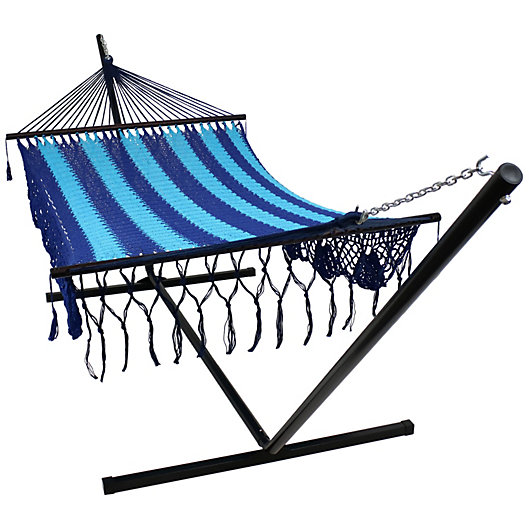 Alternate image 1 for Sunnydaze American DeLuxe Style Mayan Hammock and Stand Combo - Blue