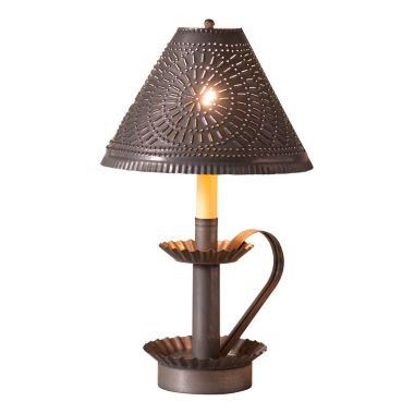 Irvins Country Tinware Plantation Candlestick Lamp with Chisel Shade in Kettle Black. View a larger version of this product image.