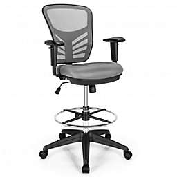 Costway Mesh Drafting Chair Office Chair with Adjustable Armrests and Foot-Ring-Gray