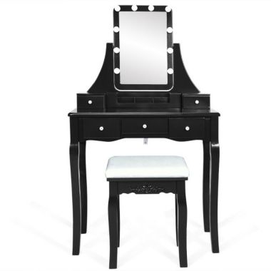 Slickblue 10 Dimmable Light Bulbs Vanity Dressing Table with 2 Dividers and Cushioned Stool-Black. View a larger version of this product image.