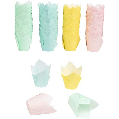 Juvale Tulip Cupcake Liners - 400-Pack Cupcake Wrappers Muffin Paper Baking Cups - 4 Assorted Pastel Colors, Standard Size, 2" Diameter