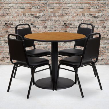 Emma + Oliver 36"RD Natural Laminate Table Set-RD Base & 4 Black Banquet Chairs. View a larger version of this product image.