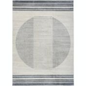 Nourison Astra Machine Washable Stripe Circle Mid-Century Modern Indoor Rug Ivory Blue 5'3" x 7'