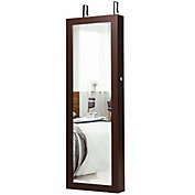 Slickblue Lockable Wall Mount Mirrored Jewelry Cabinet with LED Lights-Brown