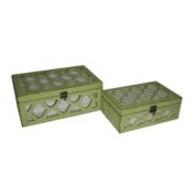 Cheungs Home Decorative Accent Set of 2 Green Wooden Boxes with Front and Top Mirror with Wood Morrocan Overlay
