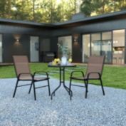 Flash Furniture Brazos 3 Piece Outdoor Patio Dining Set - 23.75" Round Tempered Glass Patio Table, 2 Brown Flex Comfort Stack Chairs