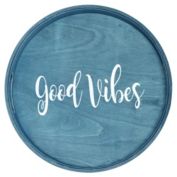 Elegant Designs Decorative 13.75" Round Wood Serving Tray with Handles, "Good Vibes"