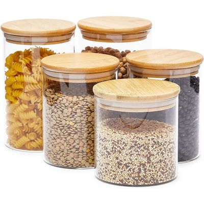 Juvale Glass Canisters with Airtight Bamboo Lids, 3 Sizes for Pantry Storage (5 Pack)
