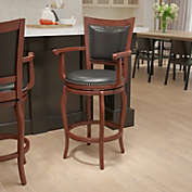 Emma and Oliver 30"H Cherry Wood Panel Back Swivel Barstool with Arms