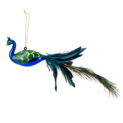 22 inch Feather/Flocked Long Tail Peacock Bird in Green/Blue Handmade 