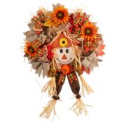 Nearly Natural 30"D Scarecrow Fall Artificial Autumn Wreath with Sunflower, Pumpkin and Decorative Bows