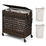 Kitcheniva 110L 3-Section Laundry Hamper with Lid&Handle PE Rattan Clothes Hamper