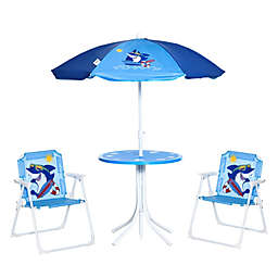 Outsunny Kids Picnic Table and Chair Set, Outdoor Folding Garden Furniture, for Patio Backyard, with Shark Pattern, Removable & Height Adjustable Sun Umbrella, Aged 3-6 Years Old, Blue