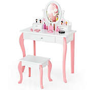 Slickblue Kids Vanity Princess Makeup Dressing Table Stool Set with Mirror and Drawer-White