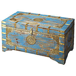 Homeroots Living Room Traditional Hand Painted Brass Inlay Storage Trunk Blue