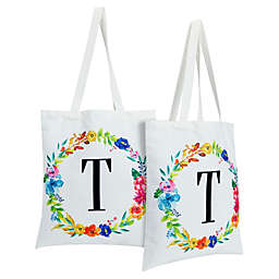 Okuna Outpost Set of 2 Reusable Monogram Letter T Personalized Canvas Tote Bags for Women, Floral Design (29 Inches)