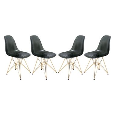 LeisureMod Cresco Molded Plastic Eiffel Side Chair with Gold Base, Set of 4 - Transparent Black. View a larger version of this product image.