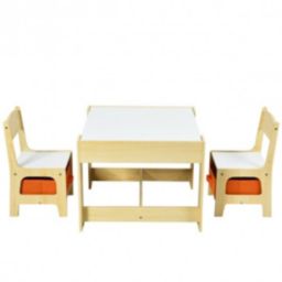 Costway Kids Table Chairs Set With Storage Boxes Blackboard Whiteboard Drawing-Natural