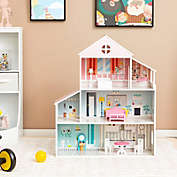 Costway 3-Tier Toddler Dollhouse with 8 PCS Furniture Kids Pretend Toy Set