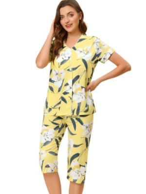Allegra K Women&#39;s Floral V-Neck 2Pc Button Front Elegant Lounge Pajamas Set Yellow L