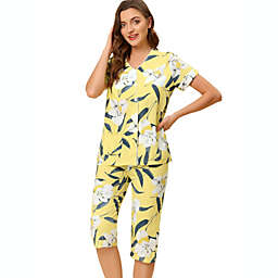 Allegra K Women's Floral V-Neck 2Pc Button Front Elegant Lounge Pajamas Set Yellow L