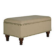 Saltoro Sherpi Fabric Upholstered Wooden Storage Bench With Nail head Trim, Large, Beige and Brown-