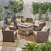 Contemporary Home Living 5pc Brown and Beige Outdoor Patio 4 Seater Club Chair Set with Fire Pit 32"