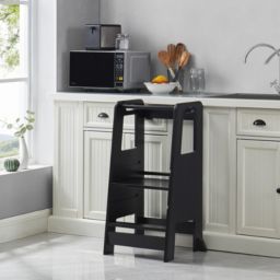 SweetGO corporation Kid's Wooden Kitchen Step Stool, Adjustable Platform Standing Tower, with Safety Guardrail Child Studying Tower, Toddler Stool for Bathroom, Cooking Helper - Black