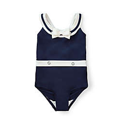 Hope & Henry Girls' One-Piece Sailor Swimsuit, Navy with White, 2T