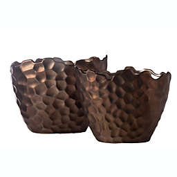 Urban Trends Collection Ceramic Oval Pot with Irregular Lip, Geometric Pattern and Tapered Bottom Set of Two Matte Finish Brown